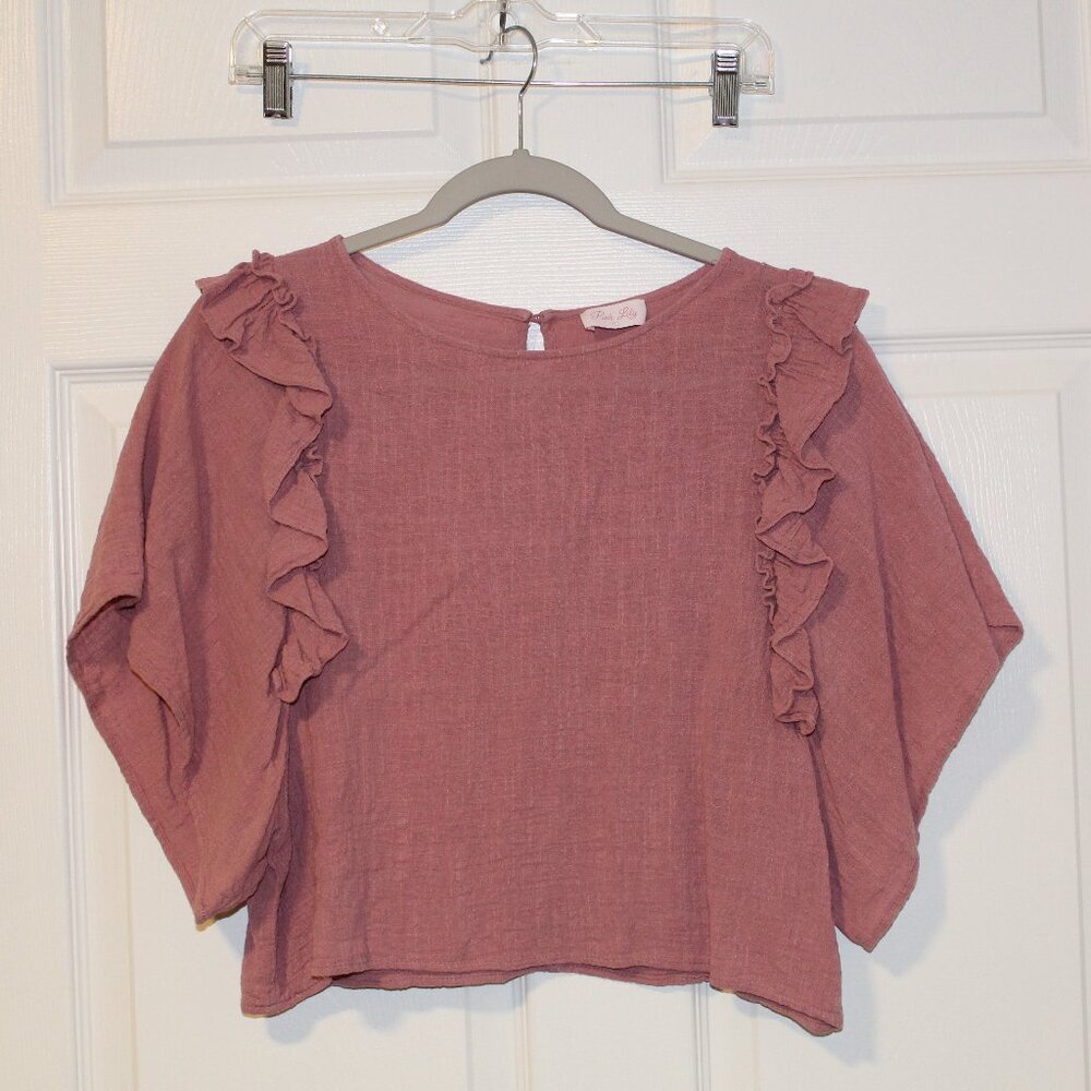 Pink Lily pink-ish ruffle tiered sleeve round neck keyhole button closure crop L